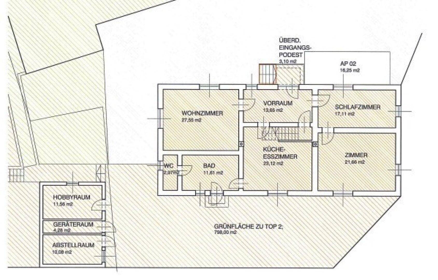 Grundriss des Erdgeschosses mit Wohnzimmer, Küche-Esszimmer, Schlafzimmer und Hobbyraum.