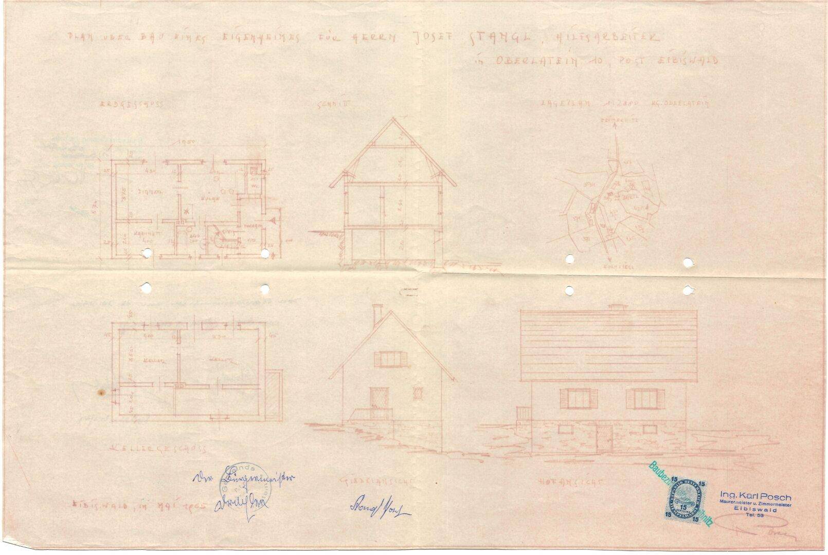 Historischer Bauplan eines Einfamilienhauses mit Grundrissen, Ansichten und Lageplan.