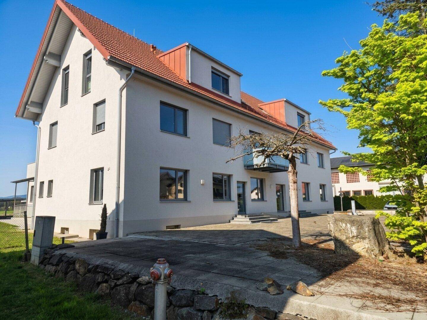 Seitenansicht des Mehrfamilienhauses mit heller Fassade, Balkonen und einem Baum im Vordergrund.