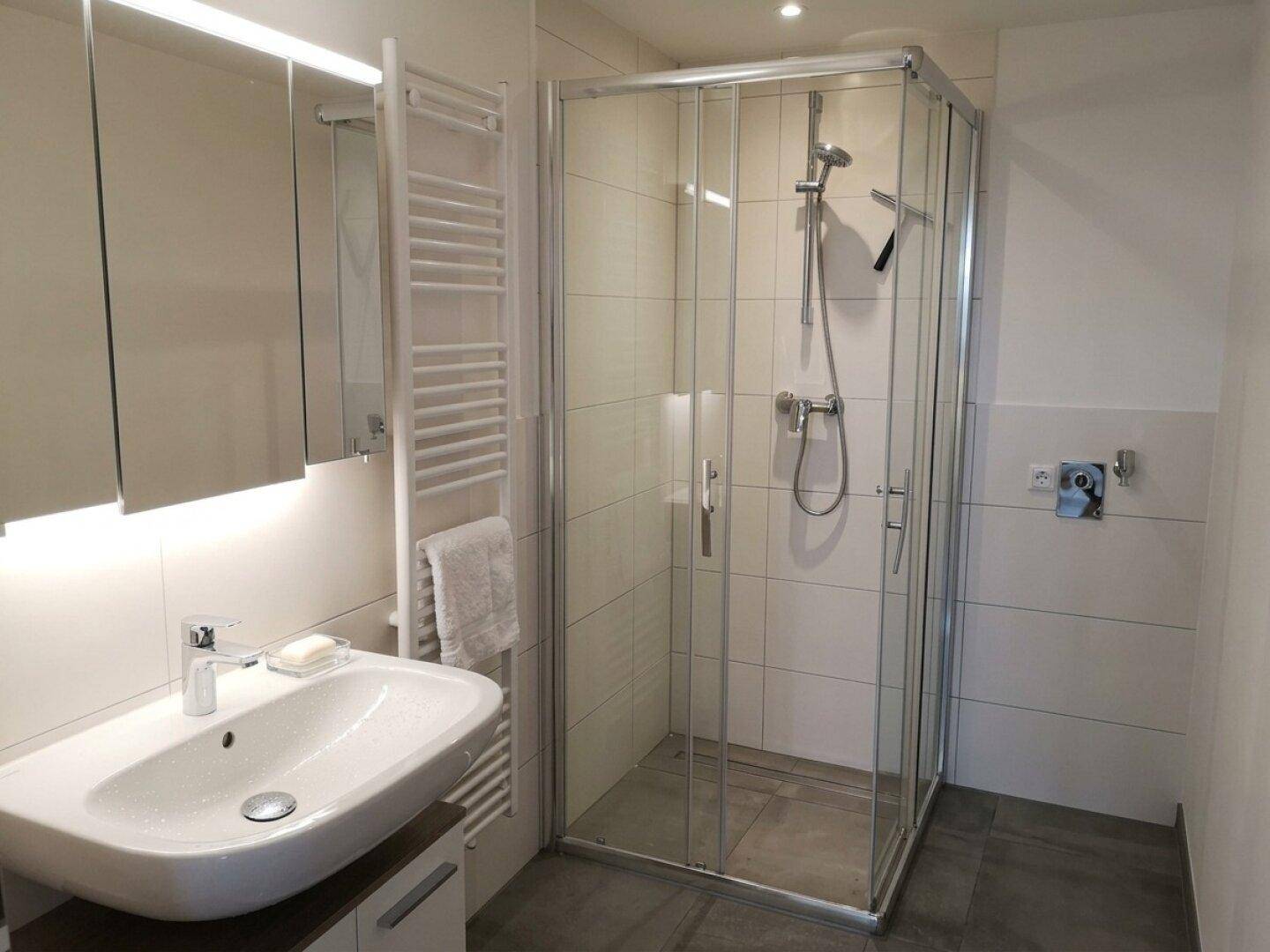 Modernes Badezimmer mit Duschkabine, Waschbecken, Spiegelschrank und beheiztem Handtuchhalter.