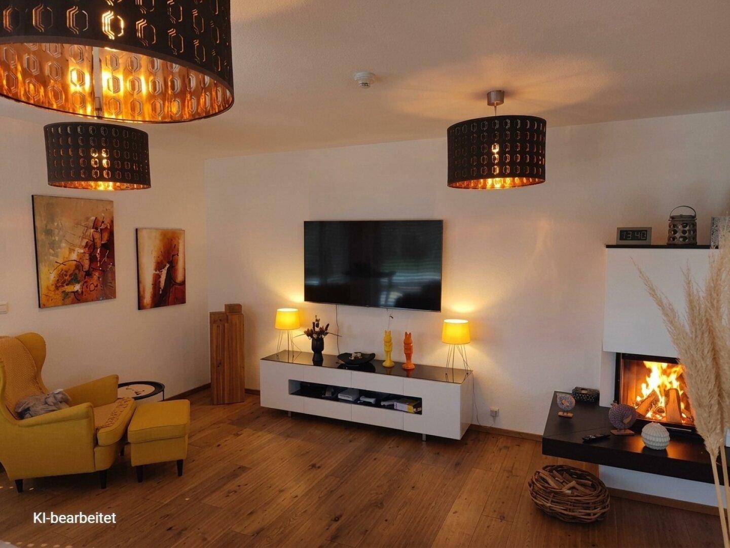 Gemütliches Wohnzimmer mit Kamin, Holzboden und moderner Beleuchtung.