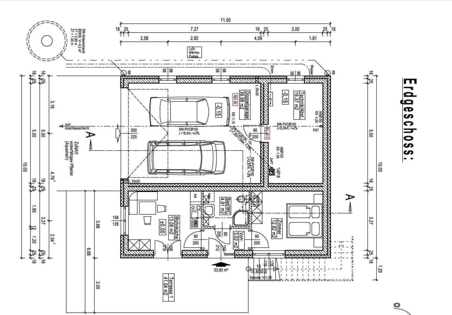 Grundriss des Erdgeschosses mit Doppelgarage, offenem Wohnbereich, Küche, Bad und Terrasse.