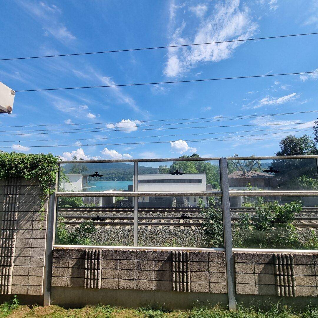 Blick durch eine Schallschutzwand auf die Bahngleise und den dahinterliegenden See.