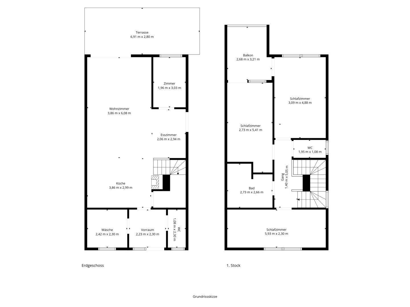 Grundriss des Erdgeschosses und ersten Stocks mit offener Wohnküche, Terrasse und Balkon.