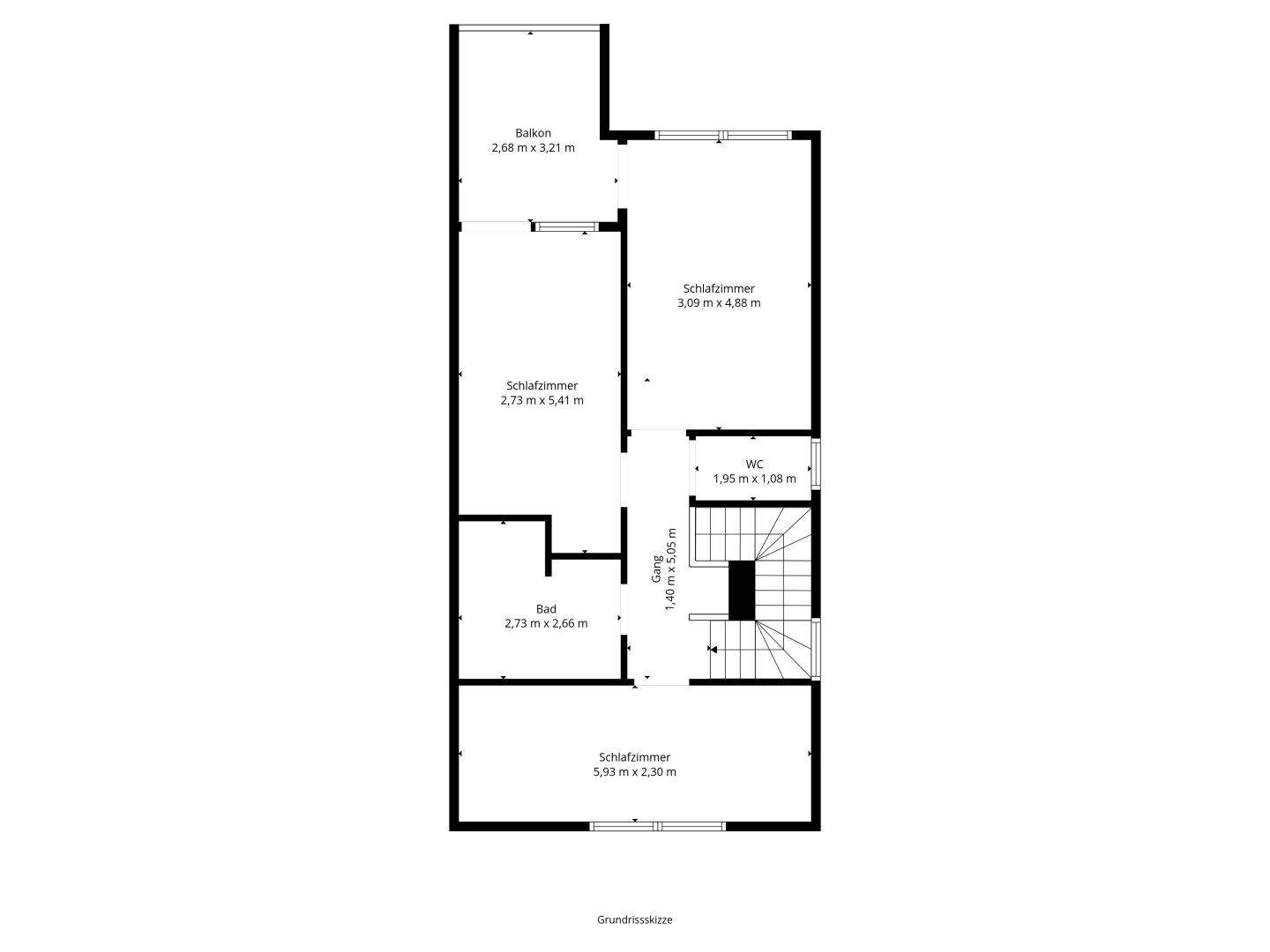 Grundriss des ersten Stocks mit drei Schlafzimmern, Bad, separatem WC und Balkon.