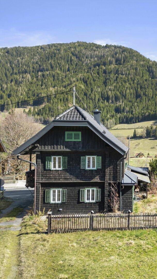 Frontansicht des Holzhauses mit grünen Fensterläden und einem bewaldeten Berg im Hintergrund.