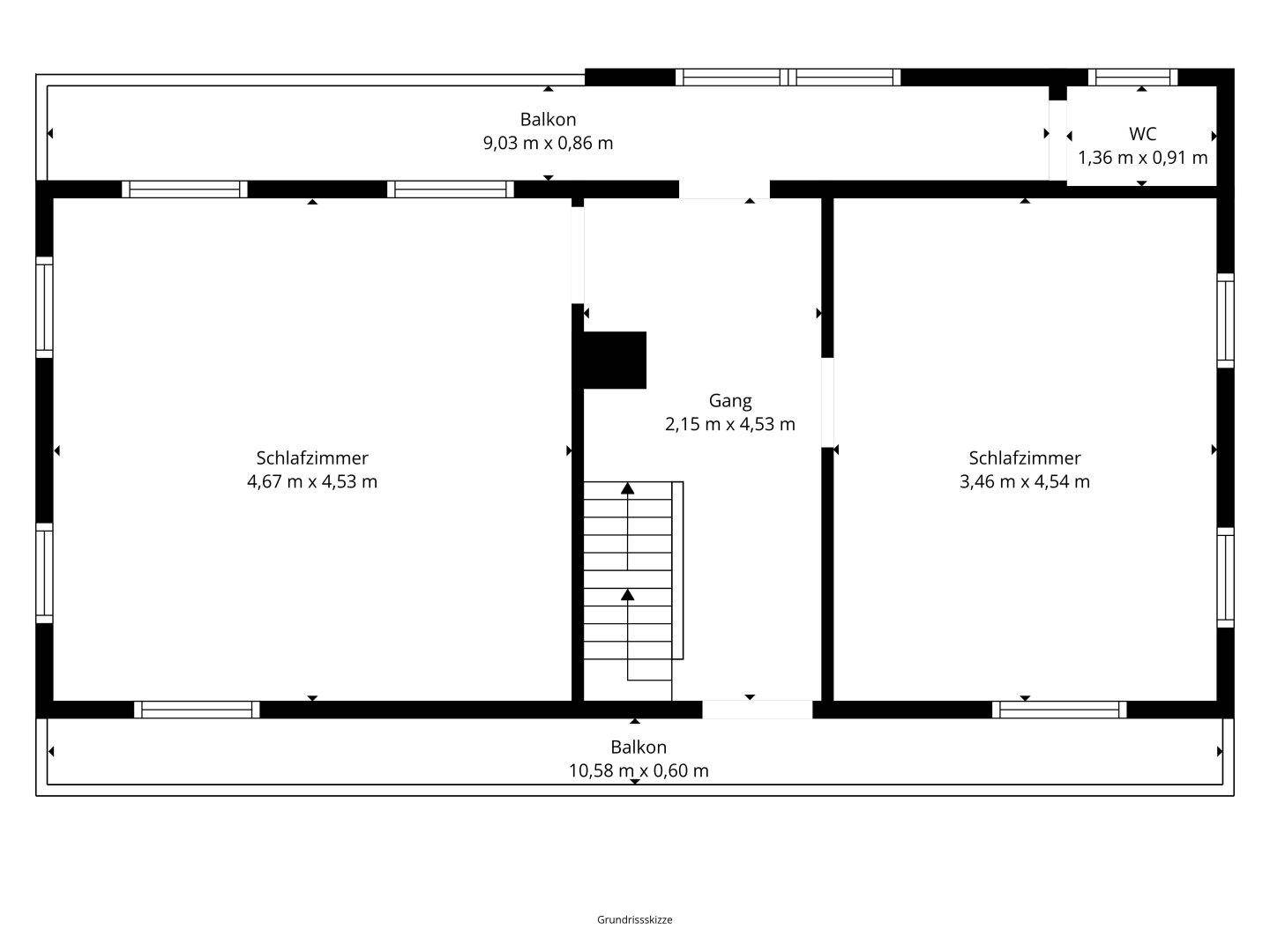 Grundriss-Skizze des ersten Stocks mit zwei Schlafzimmern, WC und zwei Balkonen.