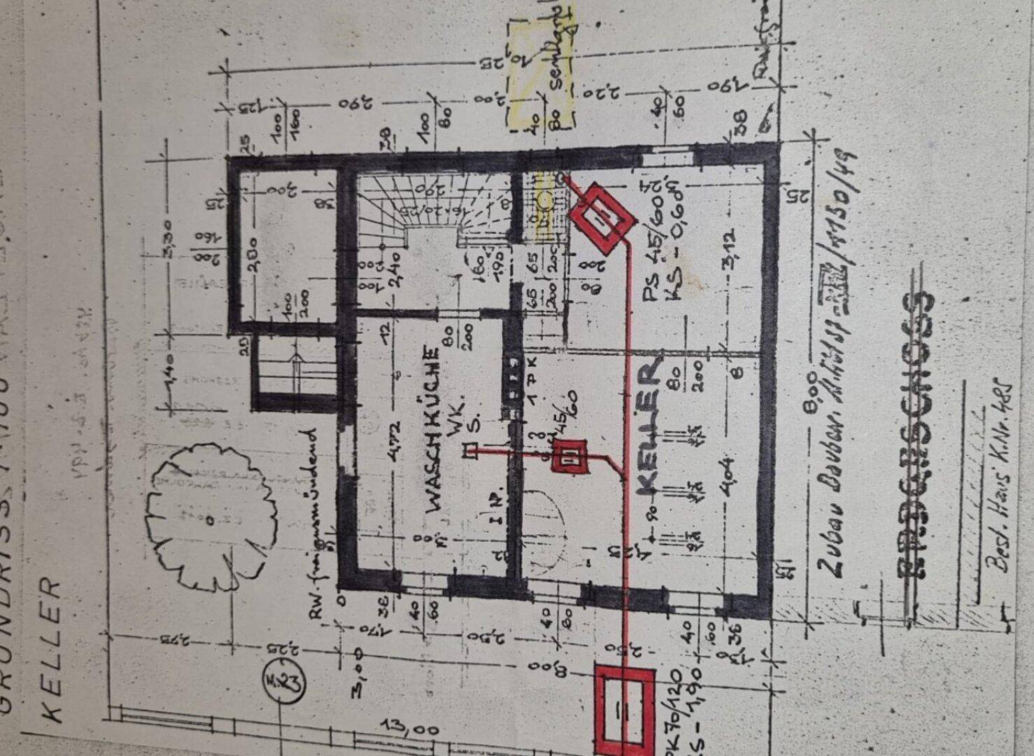 Grundriss des Kellergeschosses mit Waschküche und weiteren Kellerräumen.