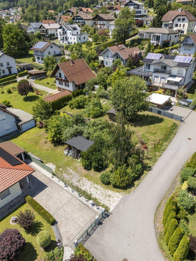 Luftaufnahme eines Grundstücks mit Baumbestand und einem kleinen Schuppen, umgeben von Häusern.