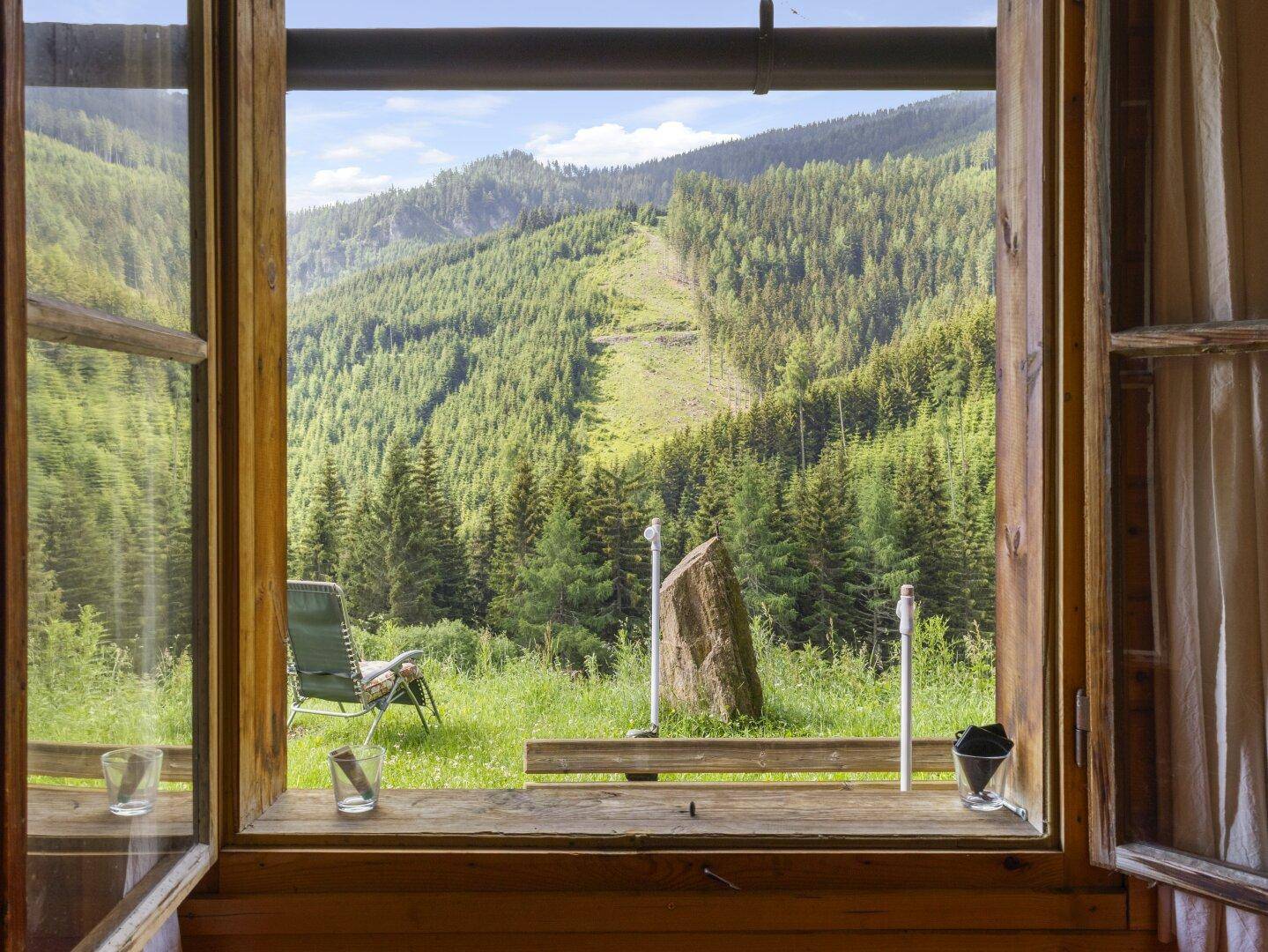 Fensterblick auf die weite, grüne Berglandschaft mit dichten Wäldern unter blauem Himmel.