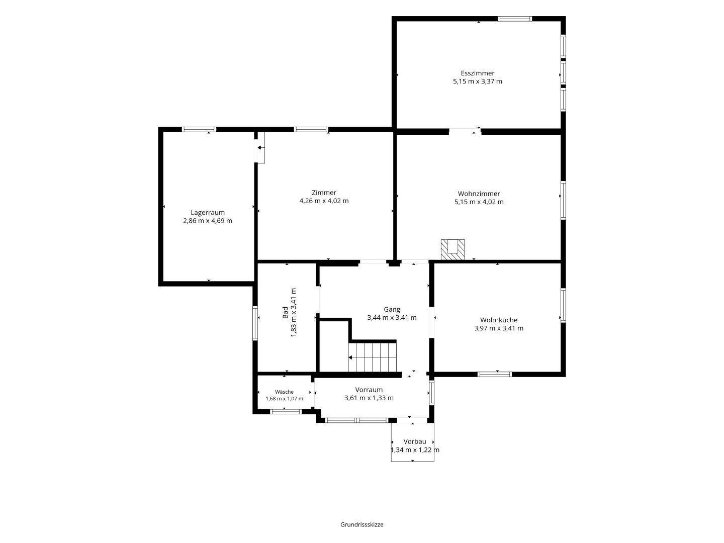Grundriss des Erdgeschosses mit Wohnzimmer, Esszimmer und Wohnküche.