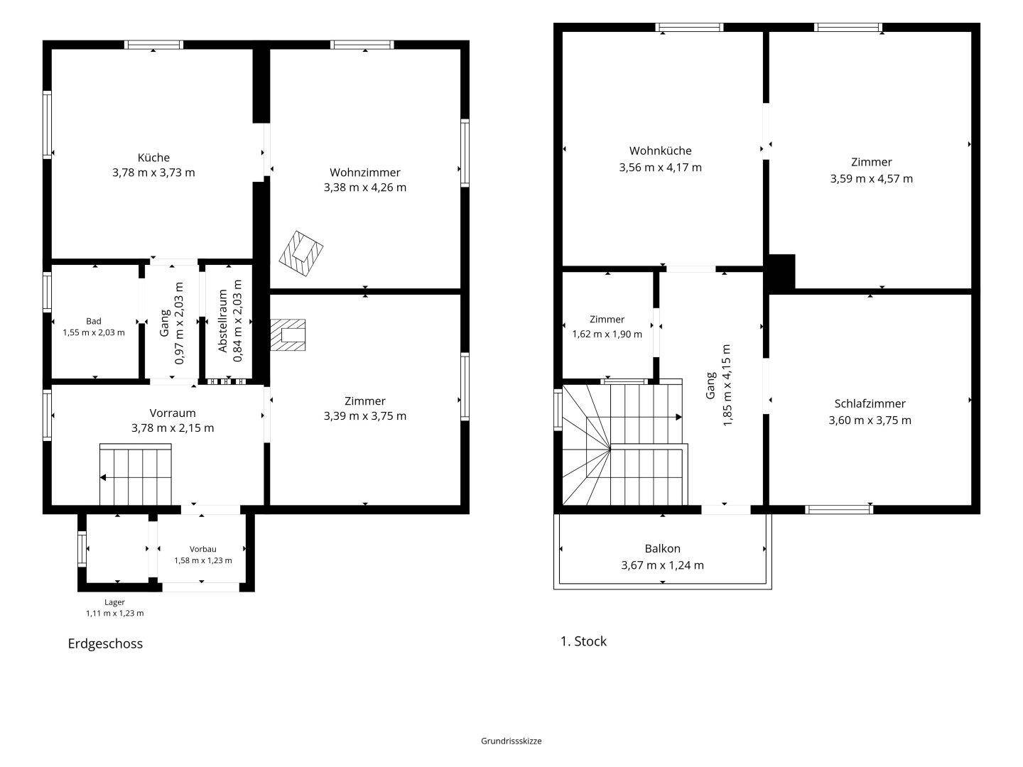 Grundrisspläne für Erdgeschoss und 1. Stock mit Raumaufteilung und Balkon.
