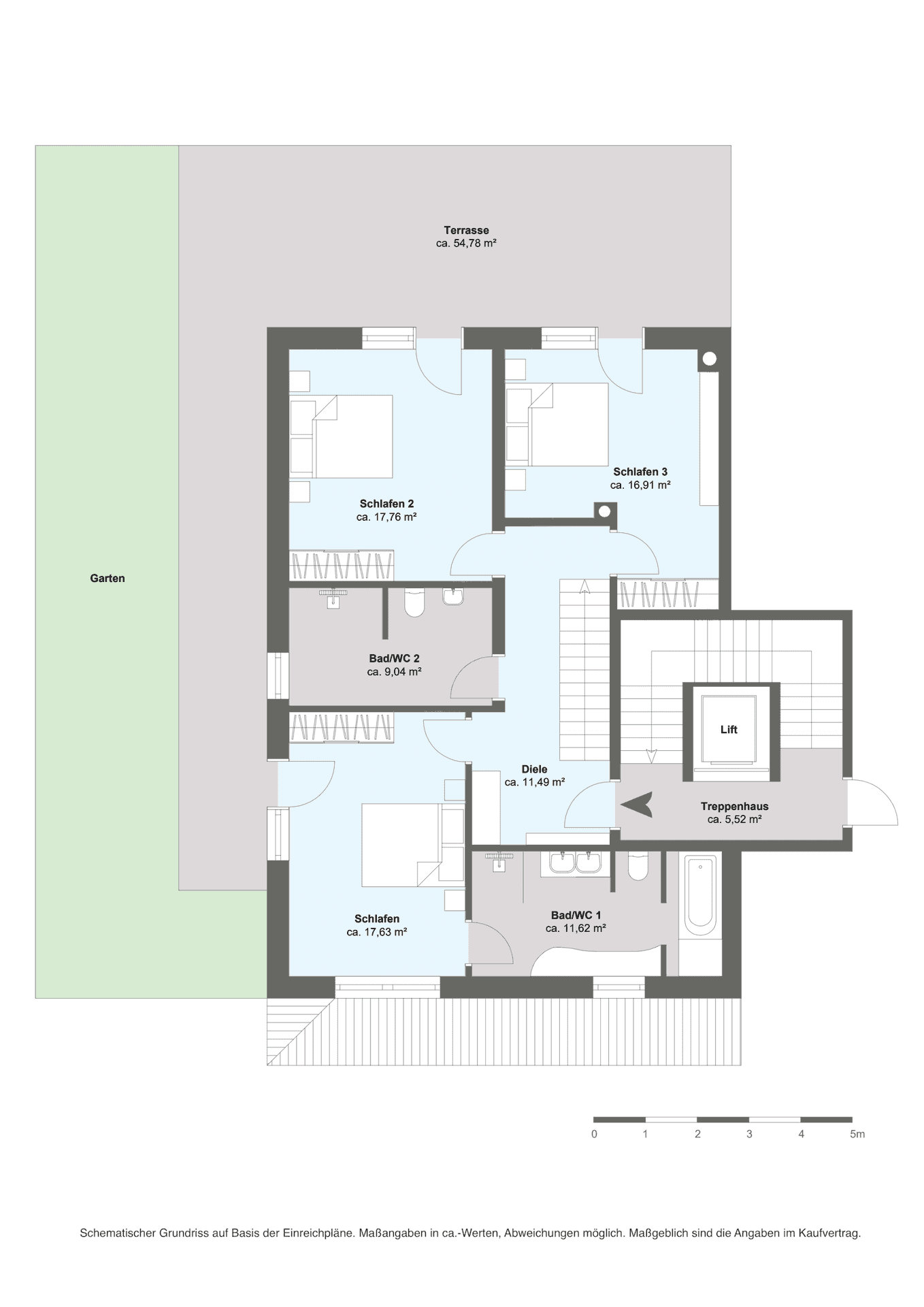 Grundriss mit drei Schlafzimmern, zwei Bädern, großer Terrasse und Gartenbereich.