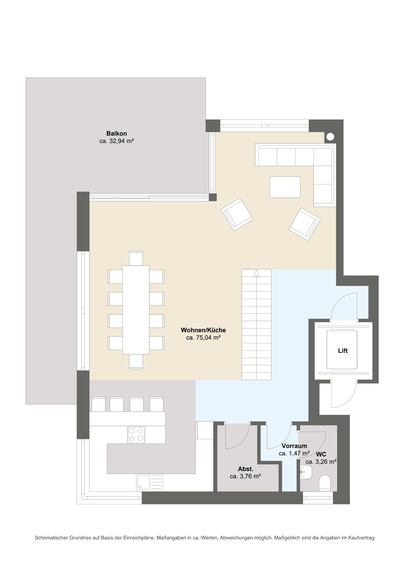 Grundriss mit offenem Wohn-/Küchenbereich, großem Balkon und separatem WC.