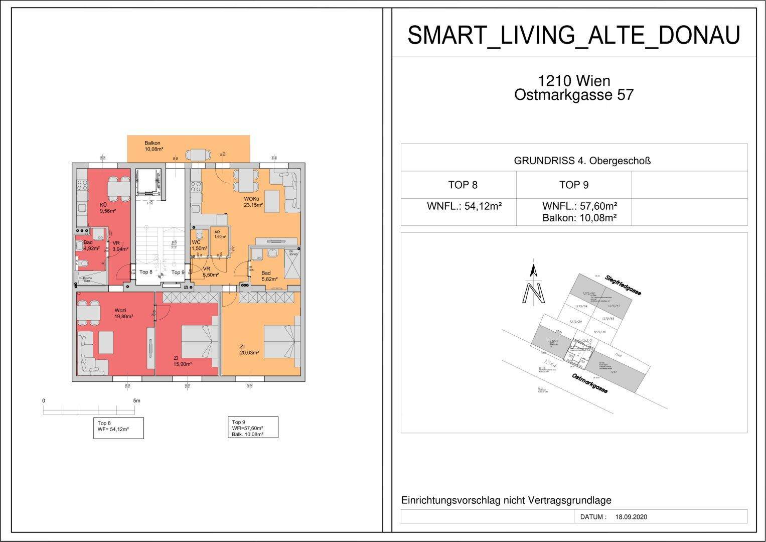 Grundriss des 4. Obergeschosses mit zwei Wohneinheiten, Balkonen und funktionalen Grundrissen.
