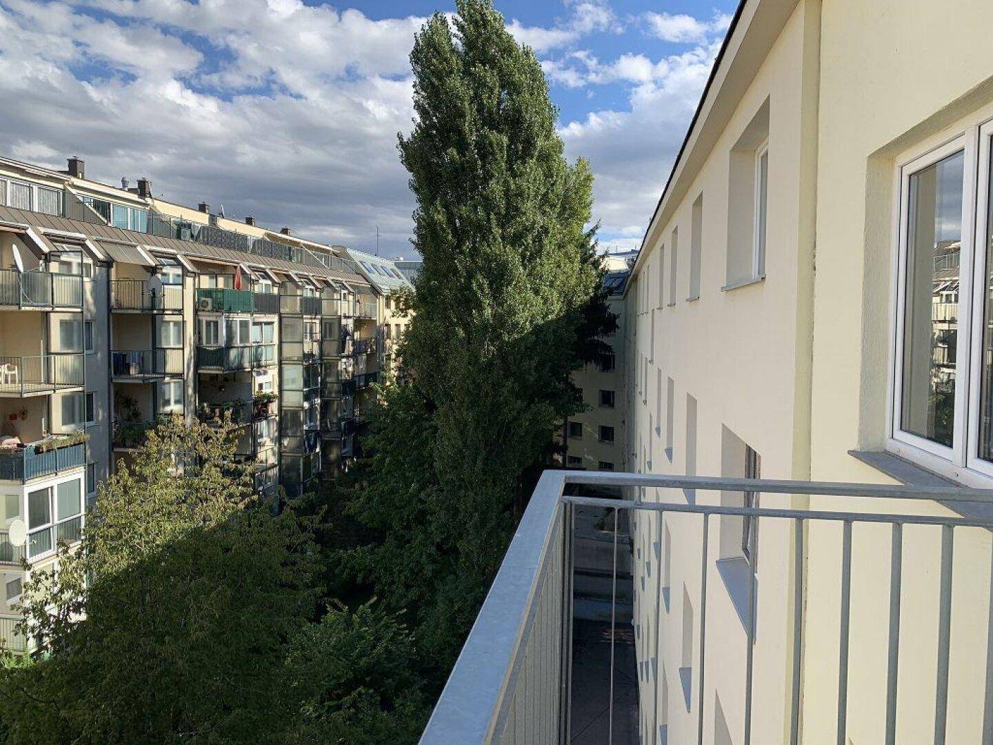 Blick vom Balkon auf eine grüne Umgebung mit hohen Bäumen und umliegenden Wohngebäuden.