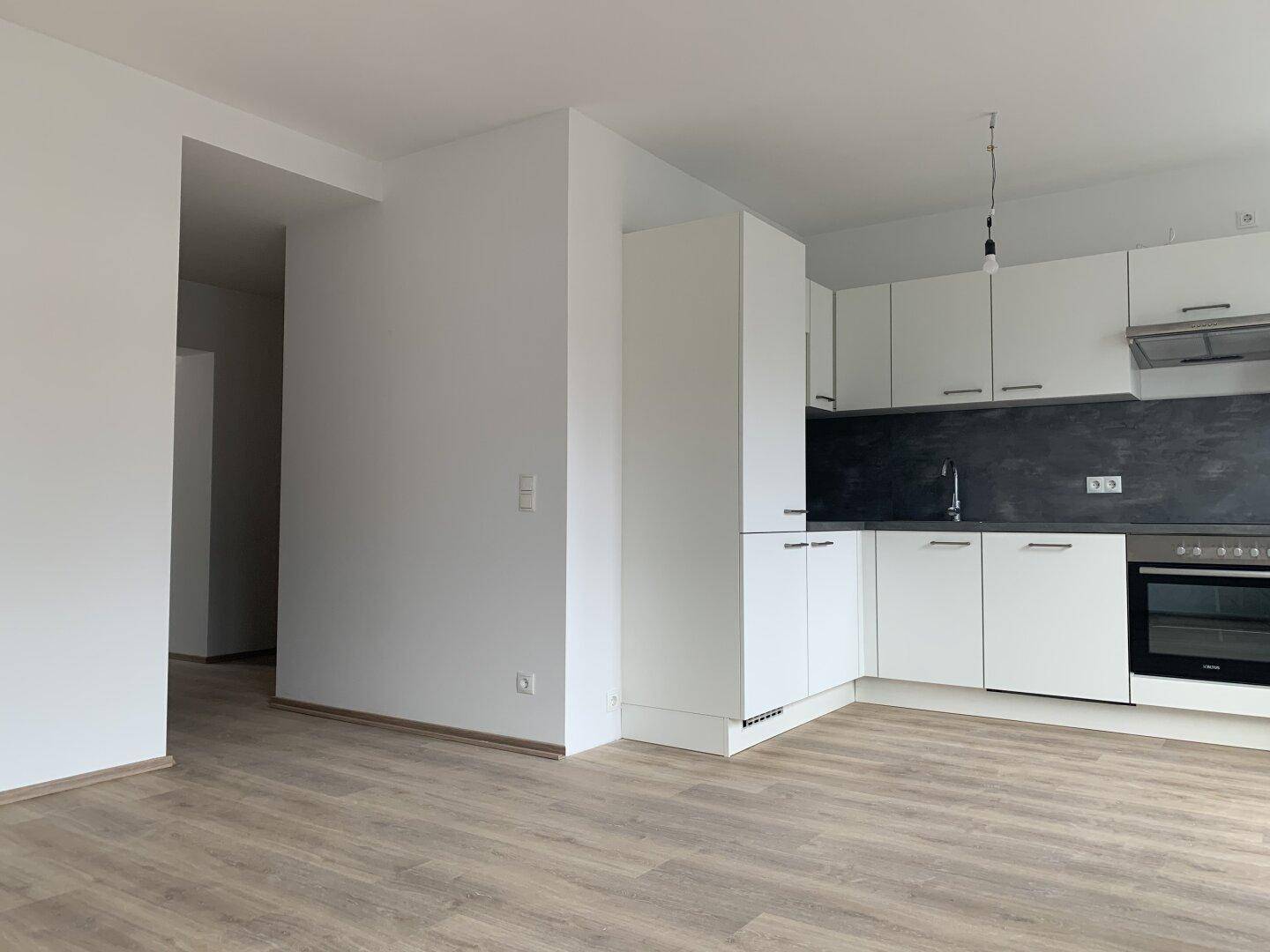 Moderne Einbauküche in Weiß mit dunkler Arbeitsplatte und hellem Laminatboden.