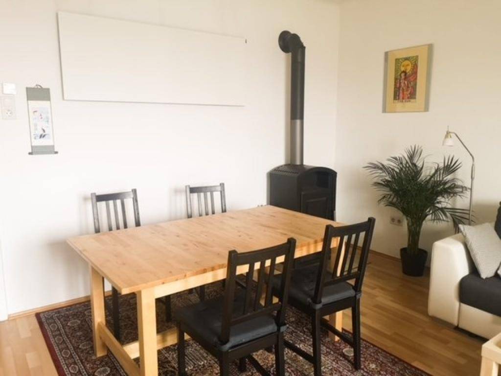 Essbereich mit Holztisch, Stühlen und einem modernen Holzofen für gemütliche Wärme.