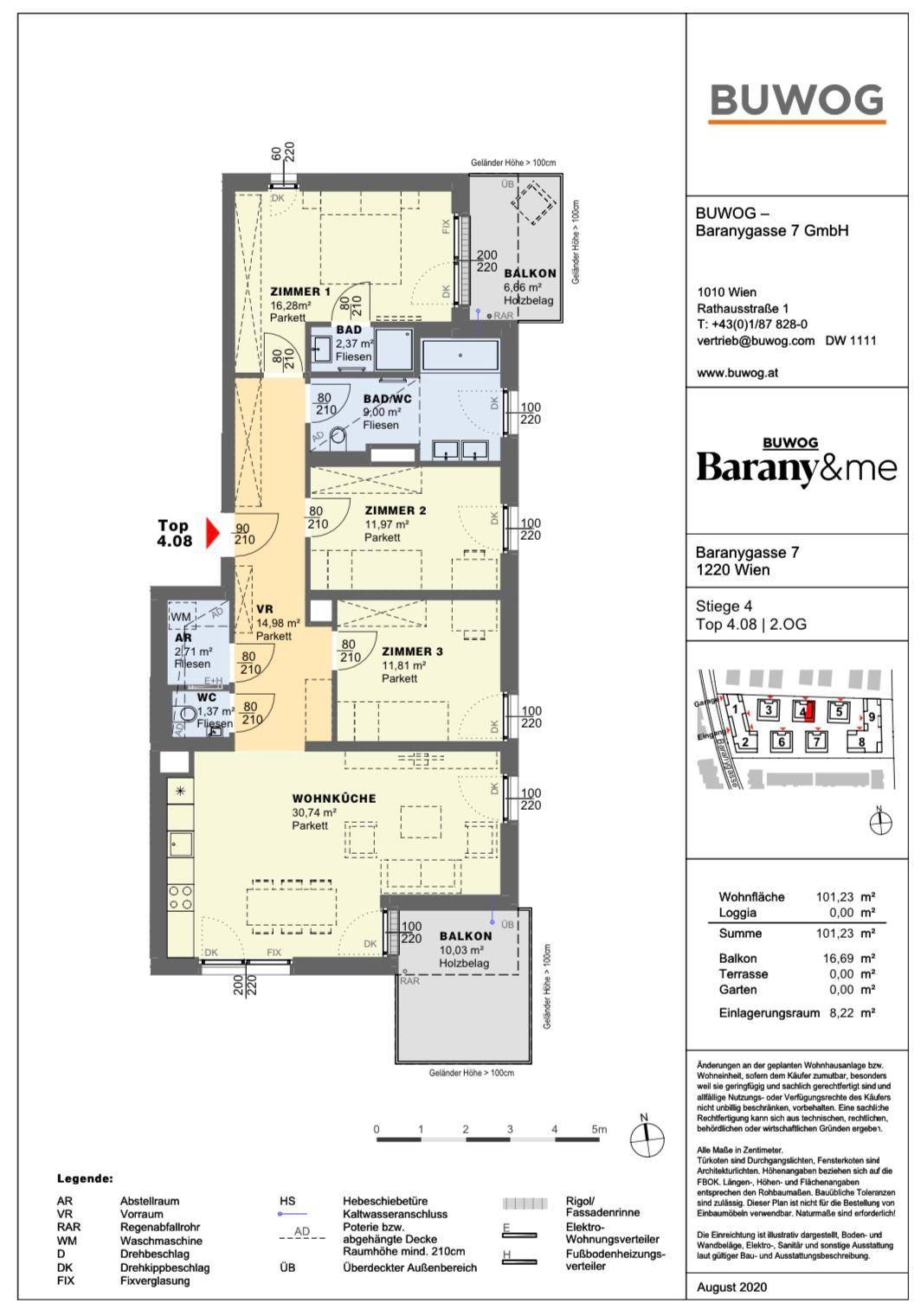 Detaillierter Grundriss der Wohnung mit drei Zimmern, Wohnküche und zwei Balkonen.