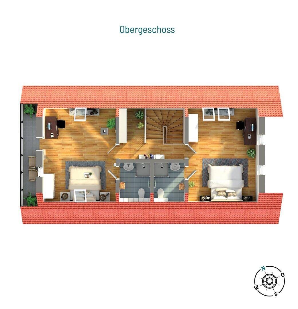 Grundriss des Obergeschosses mit zwei Schlafzimmern und zwei Bädern.