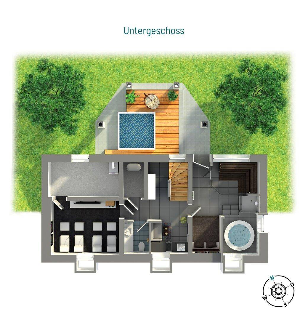 Grundriss des Untergeschosses mit Schlafzimmer, Bad, Medienraum und Außenbereich mit Whirlpool.
