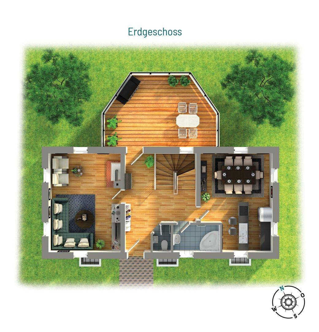 Grundriss des Erdgeschosses mit offenem Wohn-Essbereich, Küche und großer Terrasse.