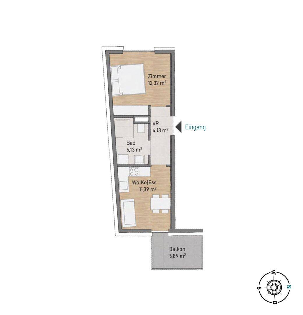 Grundriss einer Wohnung mit Schlafzimmer, Bad, Wohn-/Essbereich und Balkon.