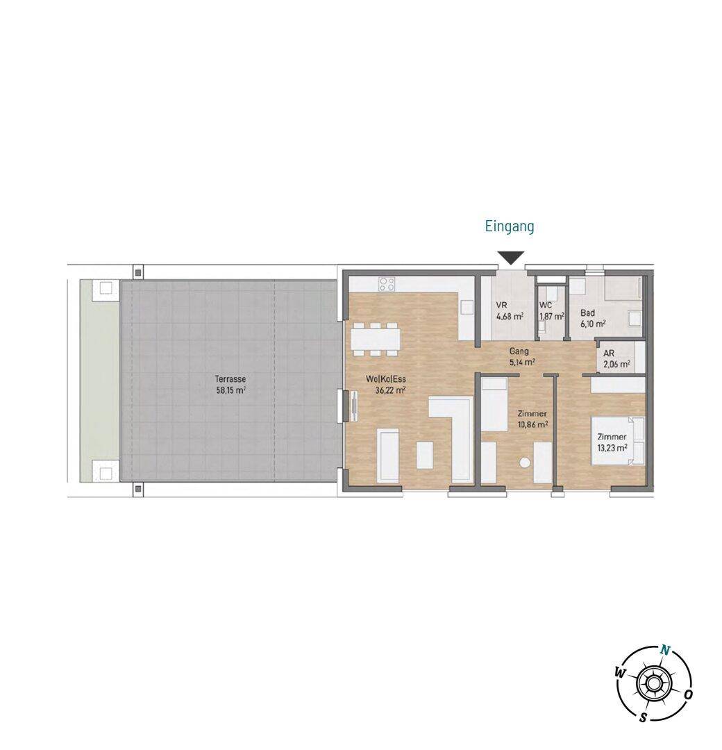 Grundriss einer Wohnung mit großzügiger Terrasse, Wohn-Essbereich und zwei Schlafzimmern.