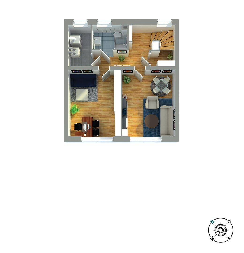 3D-Grundriss des Erdgeschosses mit offenem Wohnbereich, Büro und Badezimmer.