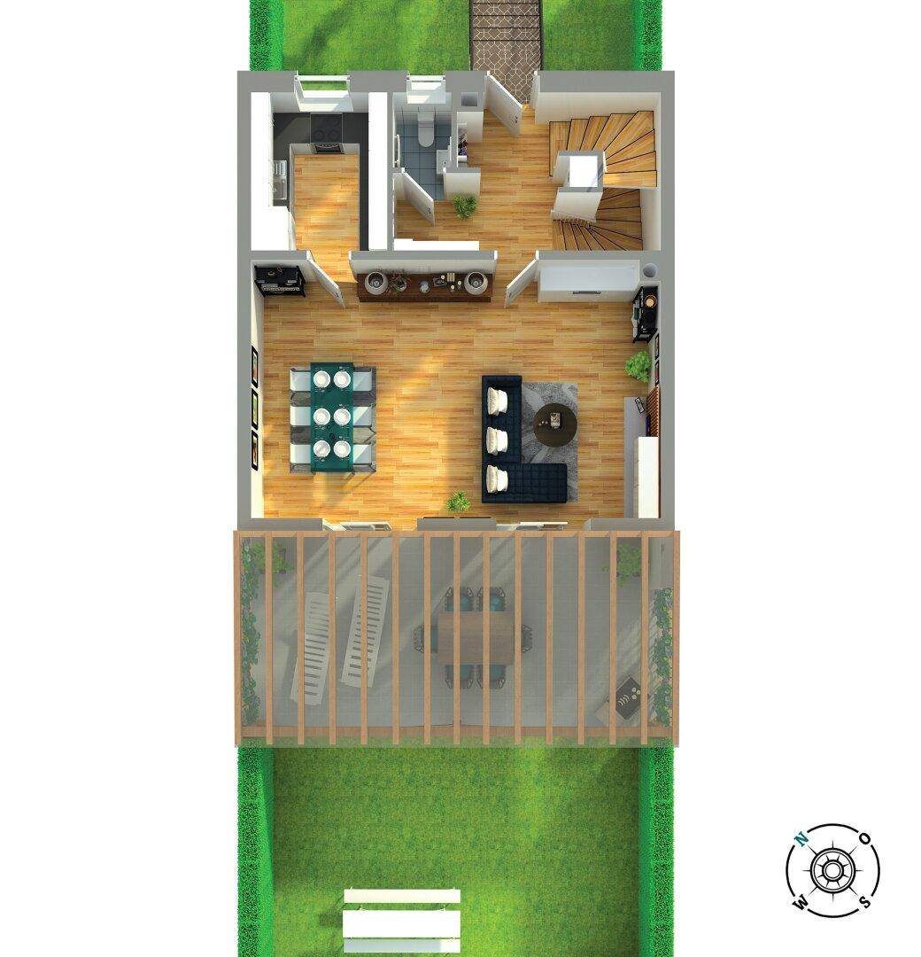 Grundriss des Erdgeschosses mit offener Küche, Wohn-Essbereich und großer Terrasse mit Garten.