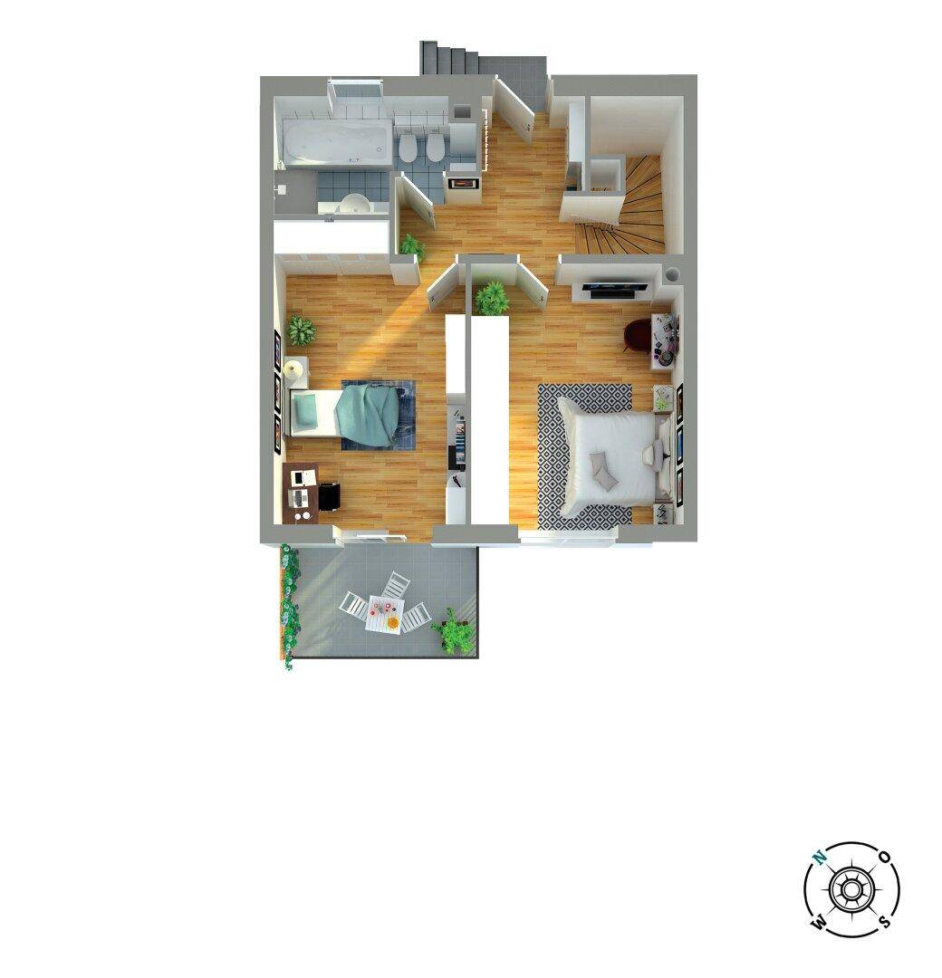Grundriss des Obergeschosses mit zwei Schlafzimmern, Badezimmer und einem kleinen Balkon.