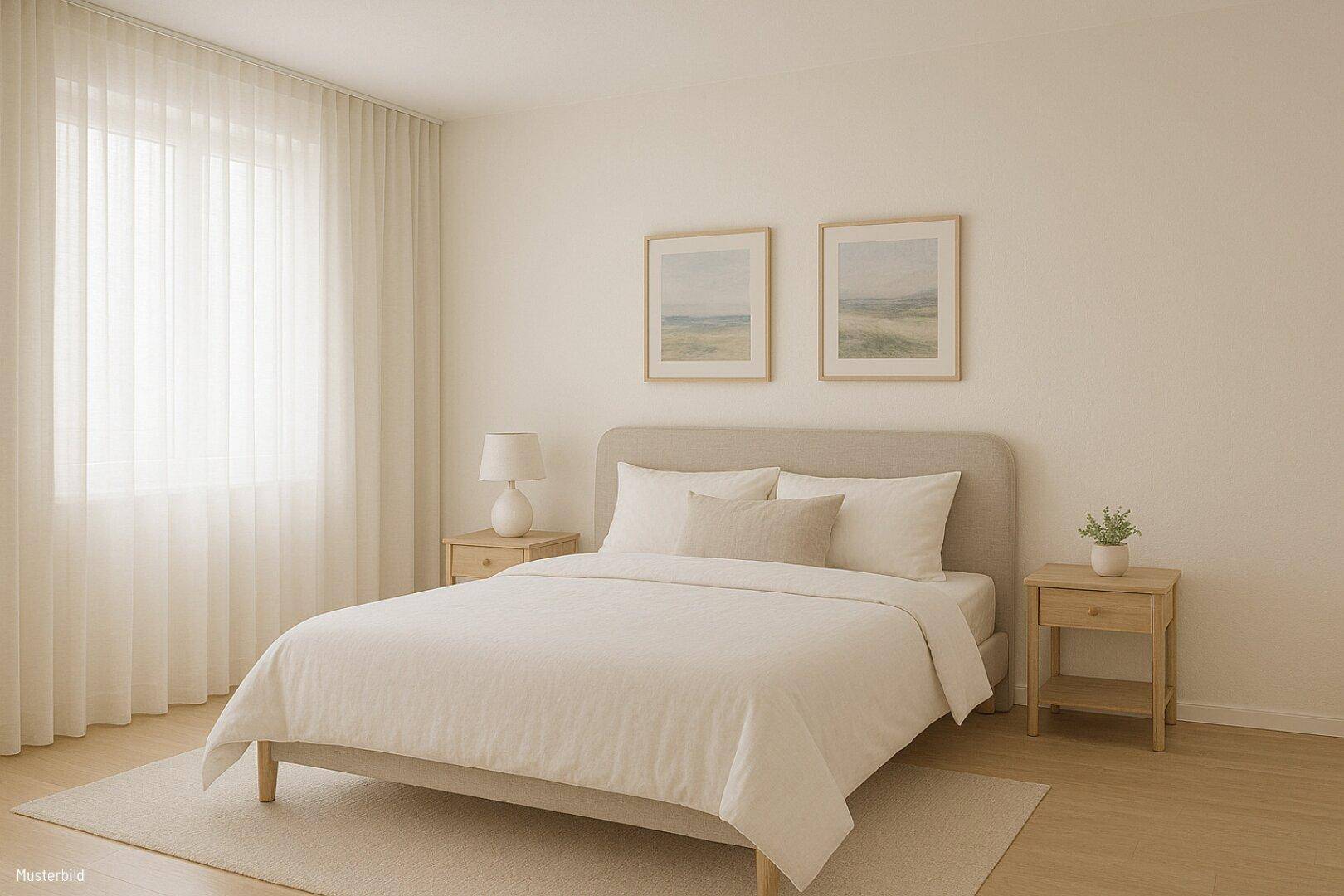 Helles Schlafzimmer mit minimalistischer Einrichtung, großem Fenster und beigem Teppich.