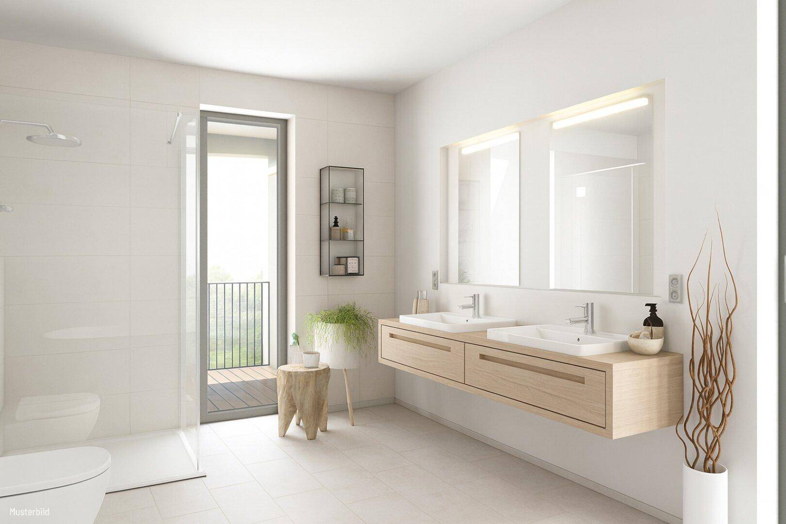 Modernes Badezimmer mit Doppelwaschbecken, begehbarer Dusche und Zugang zum Balkon.