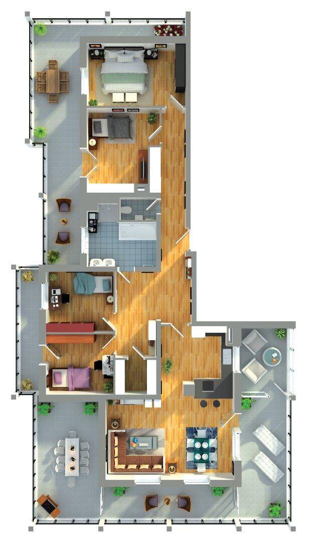 Detaillierter Grundriss mit Möblierungsvorschlägen für eine geräumige Wohnung.