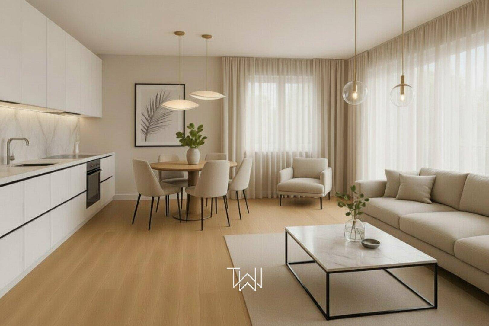 Heller, offener Wohn-Essbereich mit moderner Küche, Holzboden und stilvollen Möbeln.