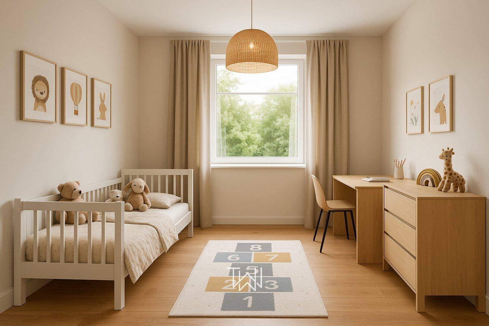 Gemütliches Kinderzimmer mit Holzboden, Einzelbett, Schreibtisch und Spielteppich.