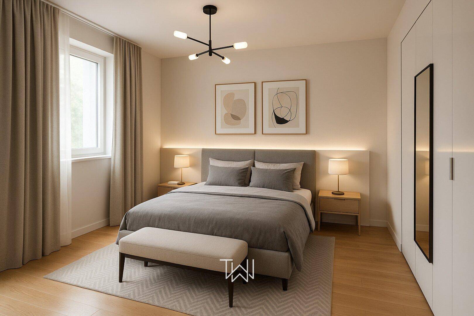 Modernes Schlafzimmer mit Doppelbett, Holzboden, Einbauschränken und indirekter Beleuchtung.