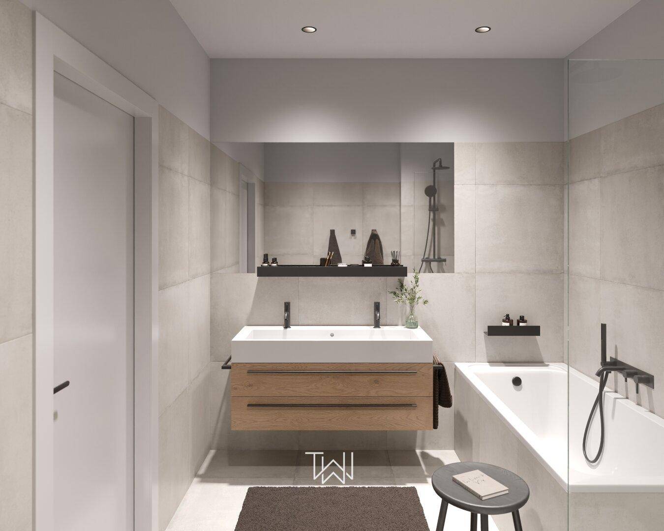 Modernes Badezimmer mit Doppelwaschbecken, Badewanne und großen hellen Fliesen.