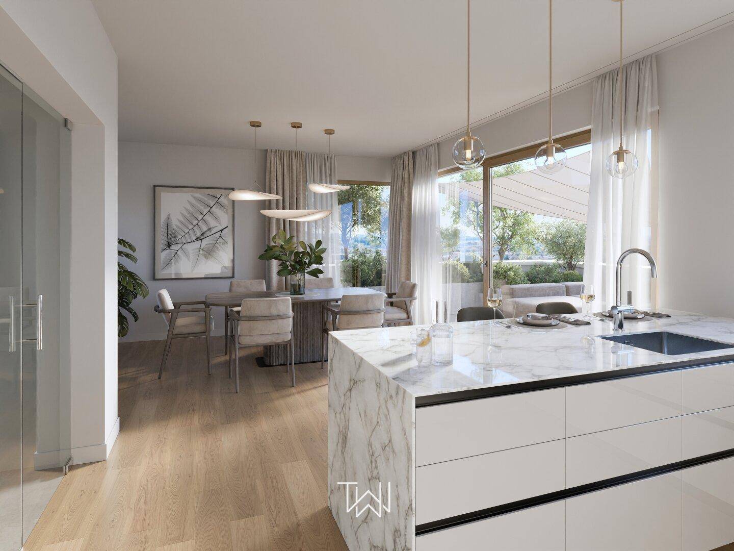 Heller, offener Wohn-Essbereich mit moderner Küche, Marmorinsel und Zugang zur Terrasse.