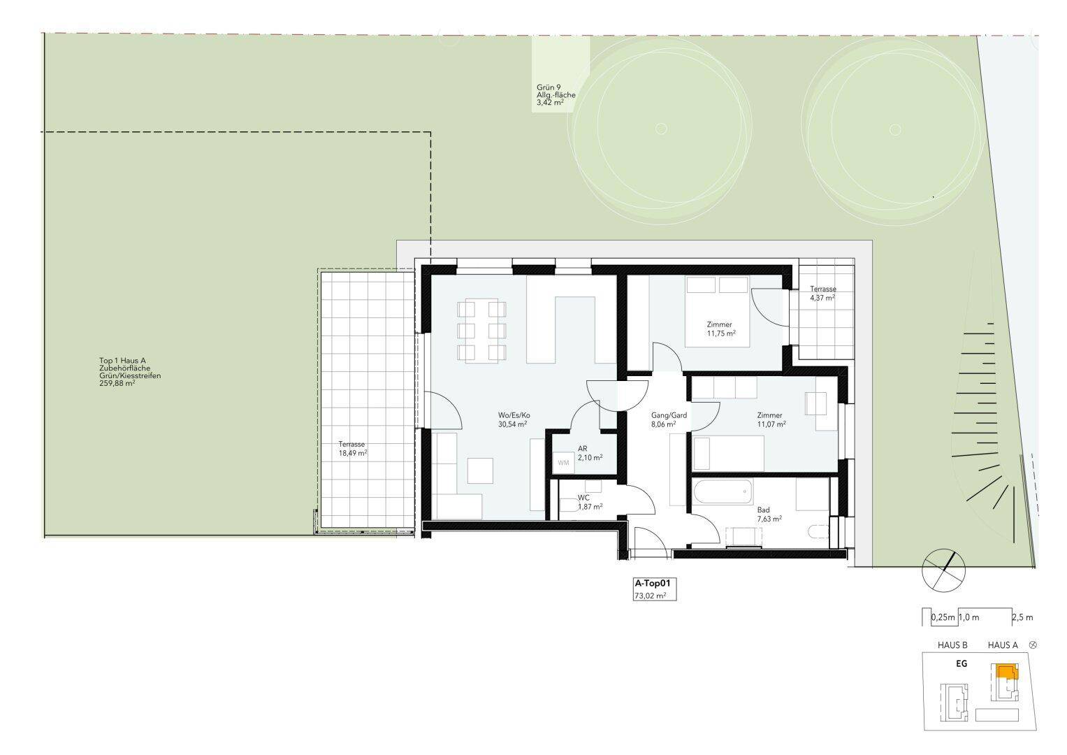 Grundriss einer Erdgeschosswohnung mit zwei Schlafzimmern, Terrasse und Gartenanteil.