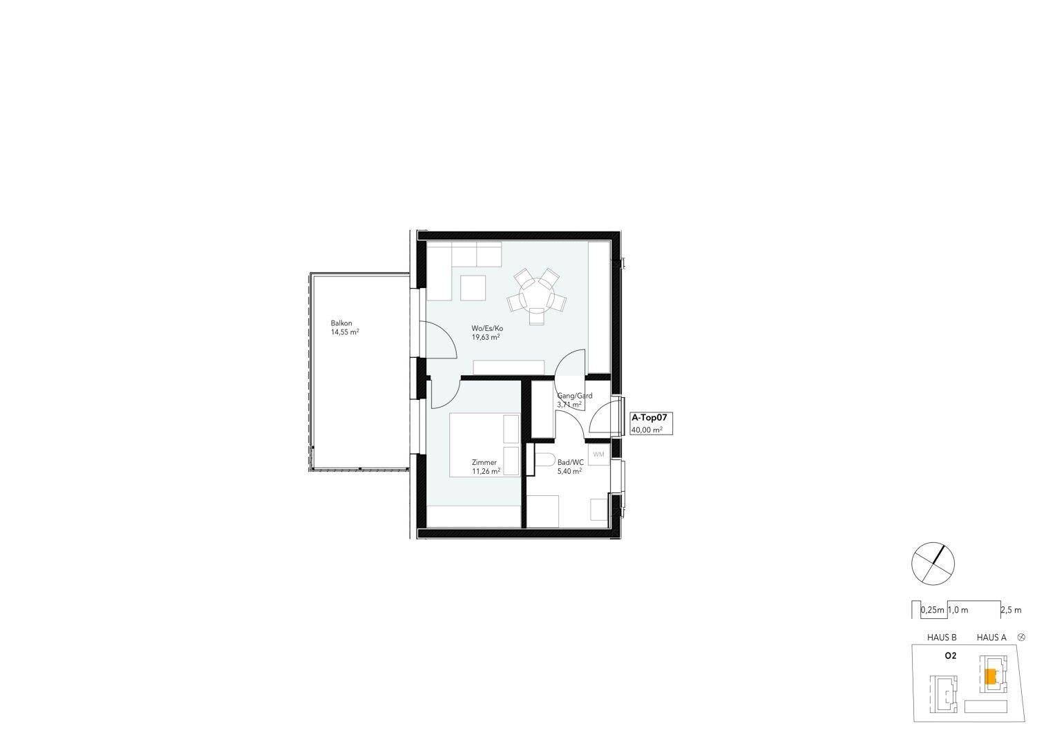 Grundriss einer Wohnung mit Balkon, einem Zimmer, Bad und offenem Wohnbereich.