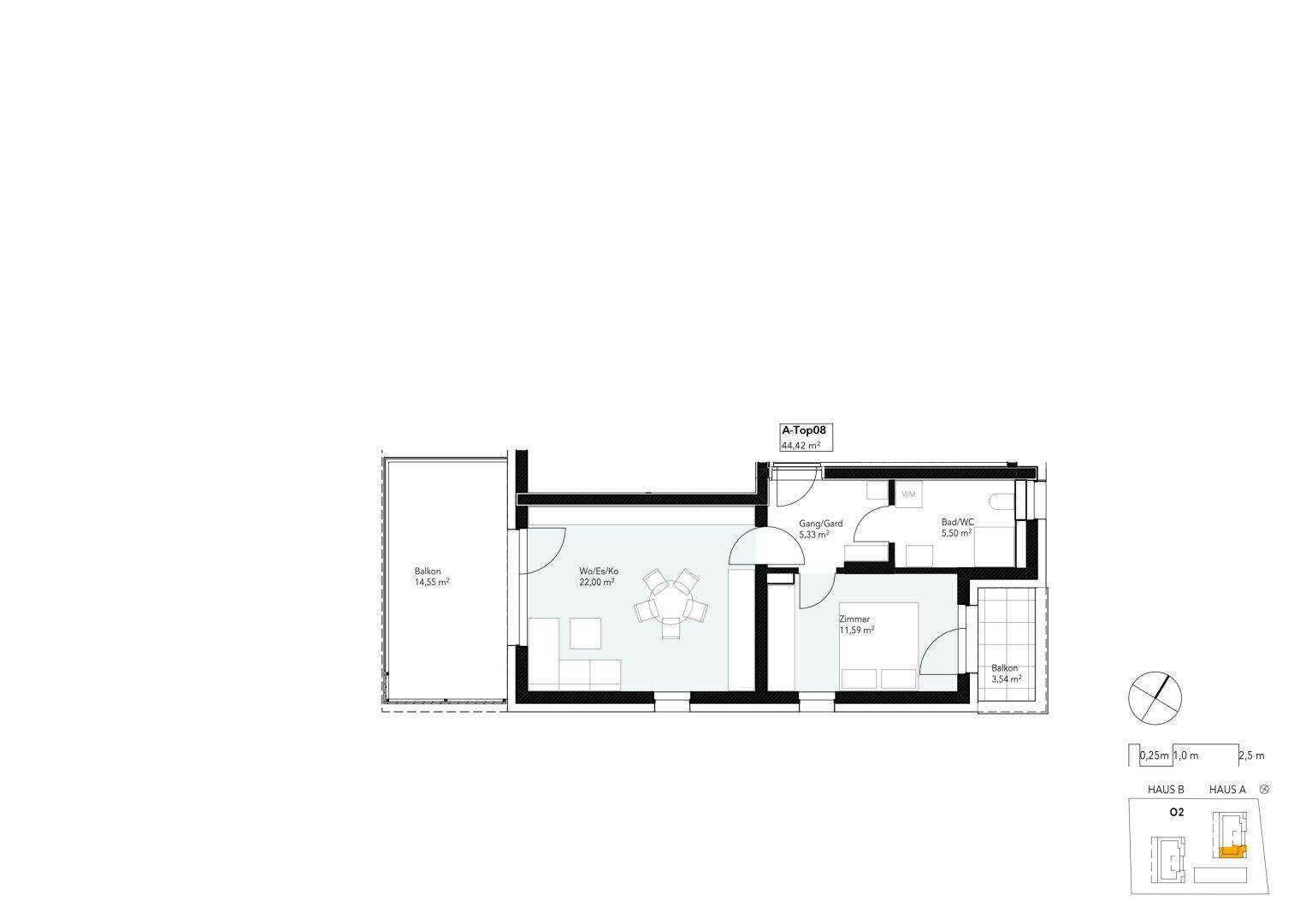 Grundriss einer Wohnung mit offenem Wohnbereich, Schlafzimmer und Balkon.