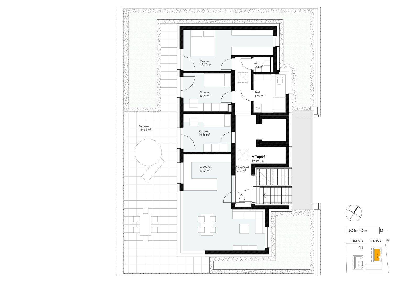 Grundriss einer Wohnung mit drei Zimmern, offenem Wohnbereich und großer Terrasse.