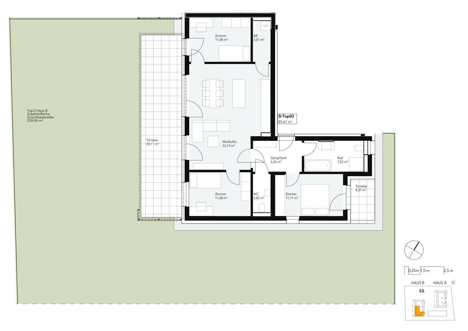 Grundriss einer Wohnung mit Terrasse, Gartenanteil und mehreren Zimmern.
