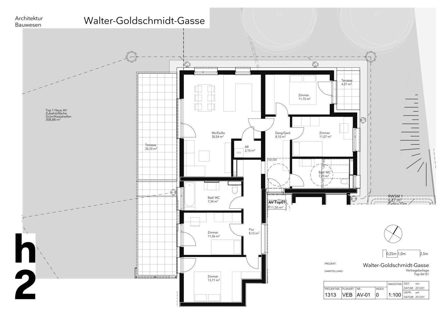 Grundriss einer Wohnung mit mehreren Zimmern, einem Badezimmer, separatem WC und einer großen Terrasse.