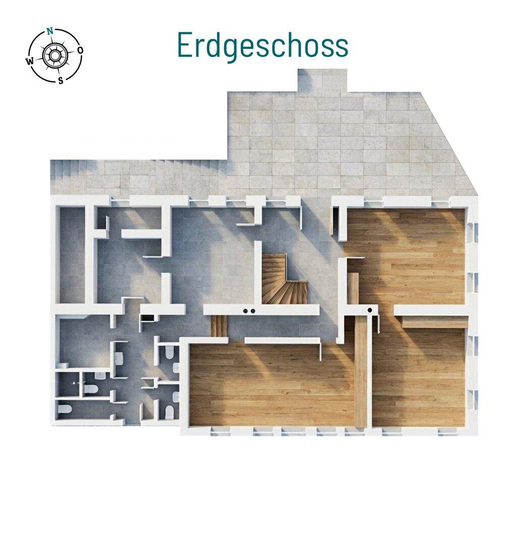 Grundriss des Erdgeschosses mit verschiedenen Räumen und Holzboden-Darstellung.