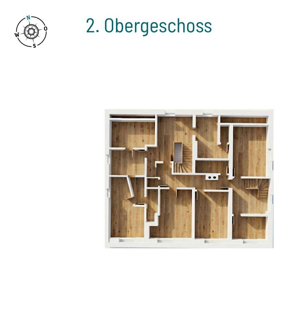 Grundriss des zweiten Obergeschosses mit Dachschrägen und Holzboden-Darstellung.
