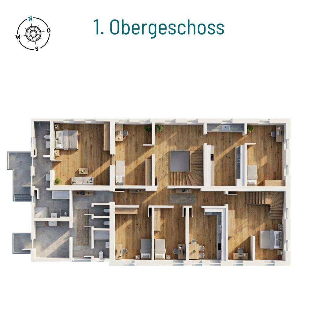 Grundriss des ersten Obergeschosses mit mehreren Zimmern, Bädern und Holzboden-Darstellung.