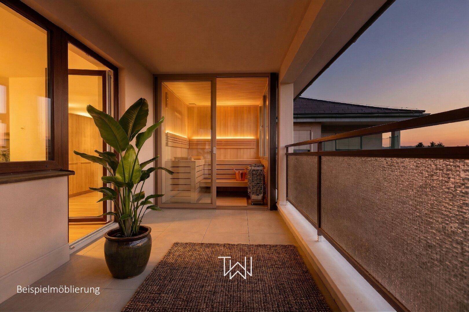 Balkon mit integrierter Sauna und gemütlichem Teppich, ideal für entspannte Abende im Freien.