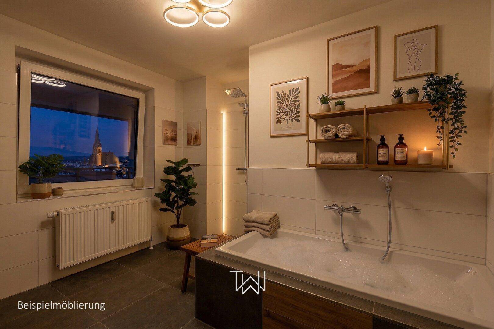 Modernes Badezimmer mit Badewanne, Fenster und Blick auf die abendliche Stadt.